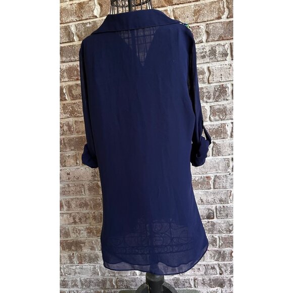 VTG Tunique Tunic Top Medium Floral Embroidery Roll Tab Sleeve Front But… - Picture 8 of 12